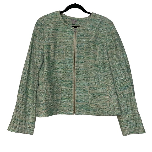 J. Jill Green Tweed Long Sleeve Stretch Linen Blend Zip Up Blazer Jacket Size L - Picture 6 of 10